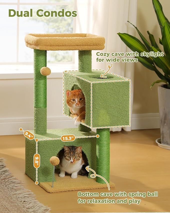 Small Cat Tree for Kittens, 32 in Cat Tower with 2 Cozy Condos | Multi-Level Cat Tree with Scratching Posts, Soft Padded Perch, 2 Dangling Toys