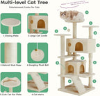 DUMOS 54 Inch Cat Tree Tower with Scratching Posts, Beige | Multi-Level Pet House for Large Cats with 2 Condos, Scratching Posts, Round Platform, Small Ladder and Toys