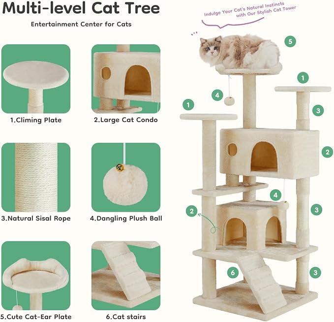 DUMOS 54 Inch Cat Tree Tower with Scratching Posts, Beige | Multi-Level Pet House for Large Cats with 2 Condos, Scratching Posts, Round Platform, Small Ladder and Toys