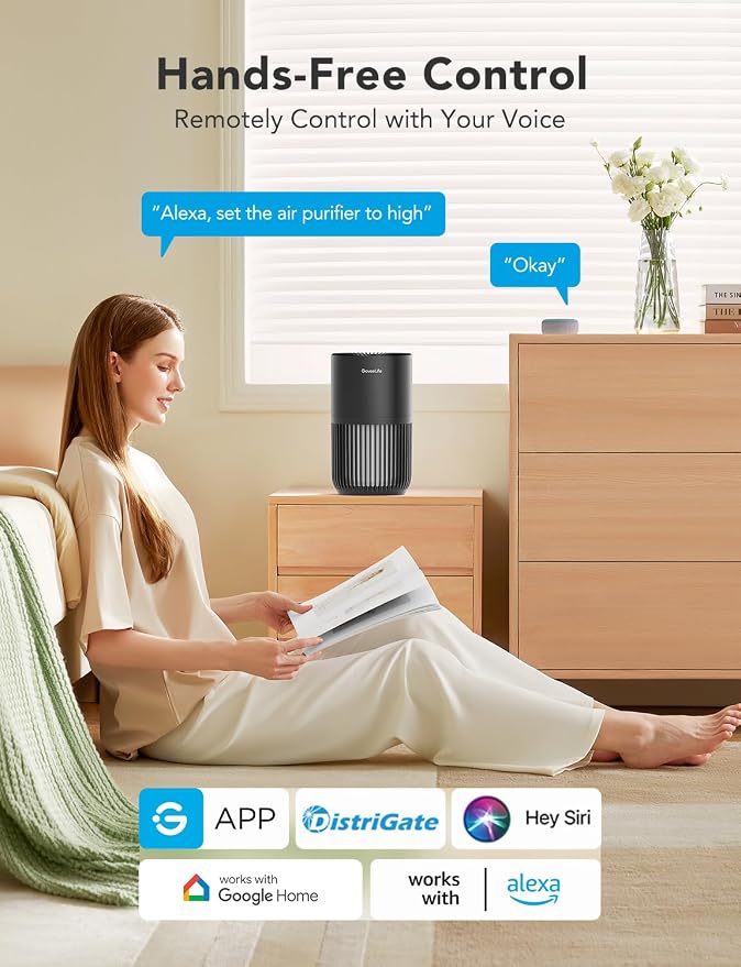 GoveeLife Smart Mini Air Purifier for Bedroom, with App & Alexa Control | HEPA Filter, Portable Air Cleaner with 3 Speeds, 2 Modes, Aroma for Pet Hair, Odors, Pollen, Home, Black