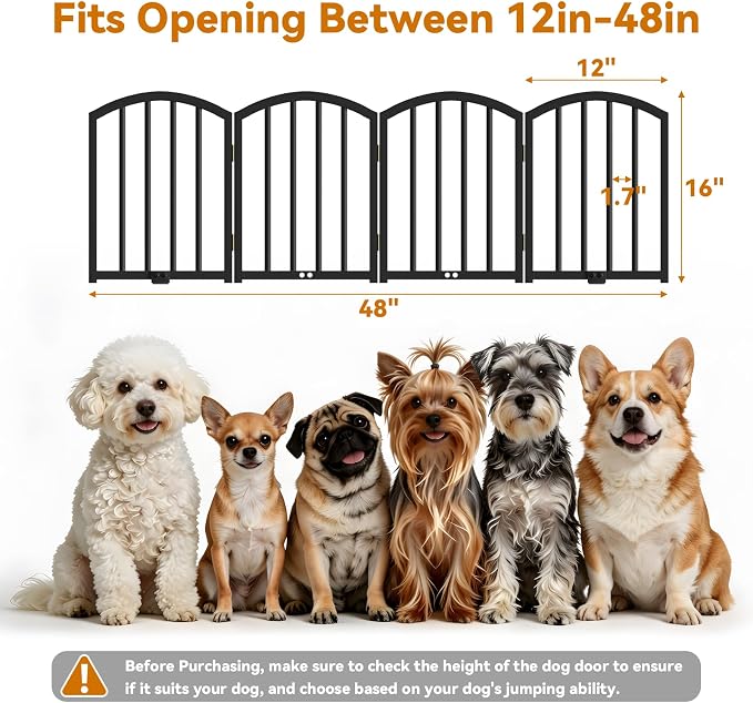 SNUOWU 16 Inch Full Metal Freestanding Short Dog Gate for Small Dogs, Foldable 4-Panel Pet Barrier, Expands Up to 48" Wide, Indoor Safety Fence for Doorway, Home & Stairs, Black