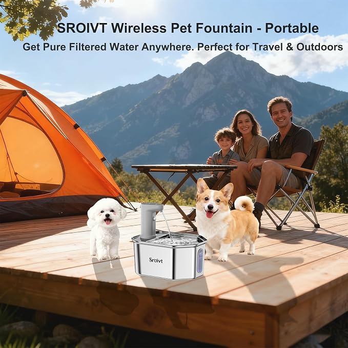 Cat Water Fountain Stainless Steel,Cordless,Rechargeable,2.6L,1 Filter | cat fountain,wireless,water fountain for cats,outdoor,indoor,battery operated,motion sensor,metal,auto,outside,automatic