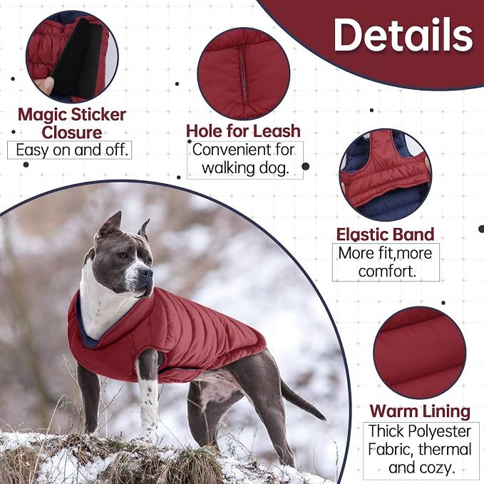 Lelepet Reversible Dog Coat Windproof Dog Jacket Lightweight Puffer Vest | Windproof Wintet Jacket Warm Coats for Large Dogs Adjustbale Hook & Loop Pet Apparel with Leash Hole, Pitbull, Wine Red, XL