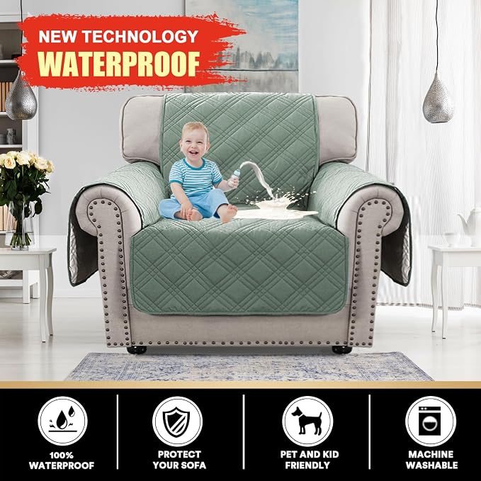 100% Waterproof Chair Sofa Slipcover for Living Room Water Resistant Couch Cover Furniture Protector Cover with Elastic Straps for Pets Kids Children Dog Cat(Chair 23", Lily Pad)