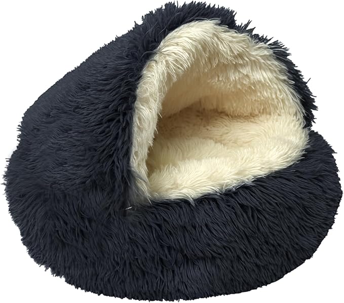 ShinHye Cat Bed Round Plush Fluffy Hooded Cat Bed Cave, Cozy for Indoor Cats or Small Dog beds, Soothing Pet Beds Doughnut Calm Anti-nxiety Dog Bed - Waterproof Bottom Washable (20×20inch, Dark Grey)