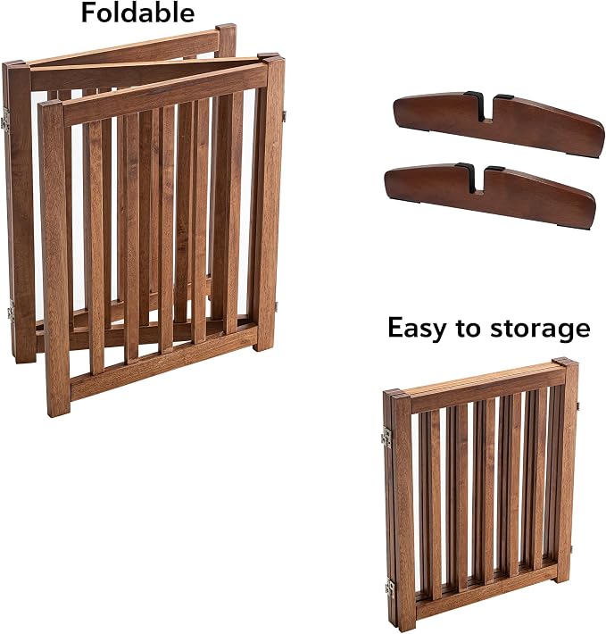 LZRS Freestanding Dog Gate 60" W x 30" H Solid Wooden Pet Gate for Doorways, Stairs & Hallways, Expandable & Foldable with Support Feet，Indoor Use,Oak