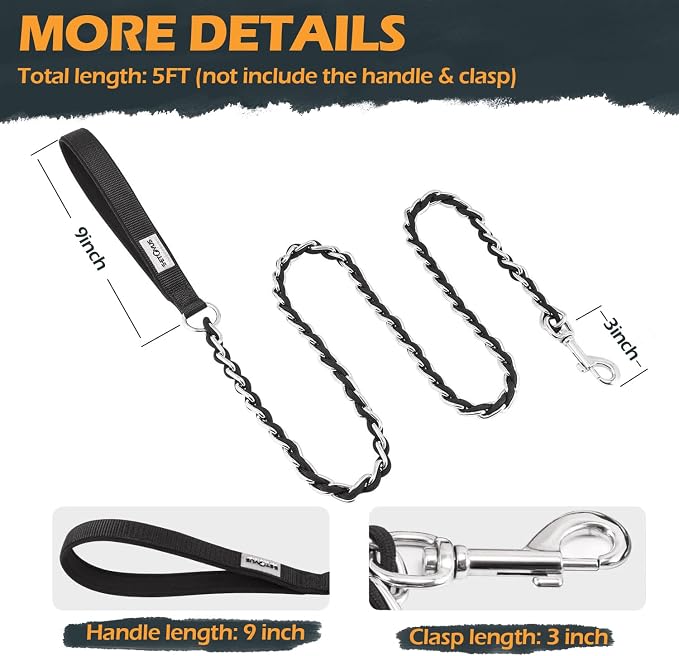 Chain Dog Leash Chew Proof Metal Leash for Medium Large Dogs, Chain Link Dog Leash Anti Chew 5.2FT Strong Anti Bite Dog Leash Comfortable Soft Padded Handle Black 3.0 | Three Sizes 7.25FT/5.2FT/4FT, Woven From Nylon Rope And Chain, Durable And Bite-Res...