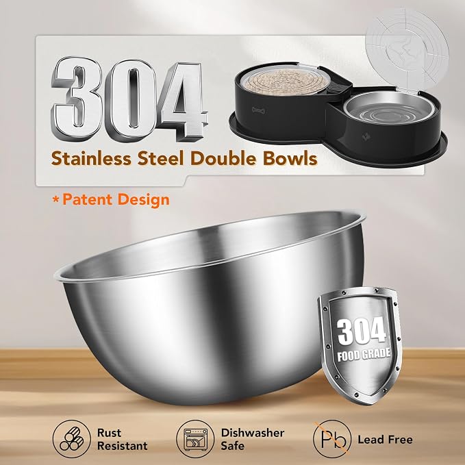 Newget 304 Stainless Steel Dog Bowl Set with Lids, 24oz Foldable Pet Dishes | Dual Food & Water Pet Bowl, Anti-Skid, Keeps Food Fresh, Easy to Install, for Small - Large Dogs/Cats - Indoor & Outdoor Use