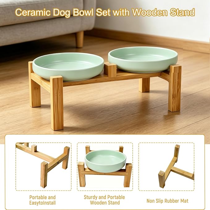 Shallow Elevated Cat Bowls with Bamboo Stand, 6.1 Inch Wide Ceramic Cat Dish Whisker Friendly, 2 Pack Pet Food and Water Plates