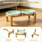 Shallow Elevated Cat Bowls with Bamboo Stand, 6.1 Inch Wide Ceramic Cat Dish Whisker Friendly, 2 Pack Pet Food and Water Plates