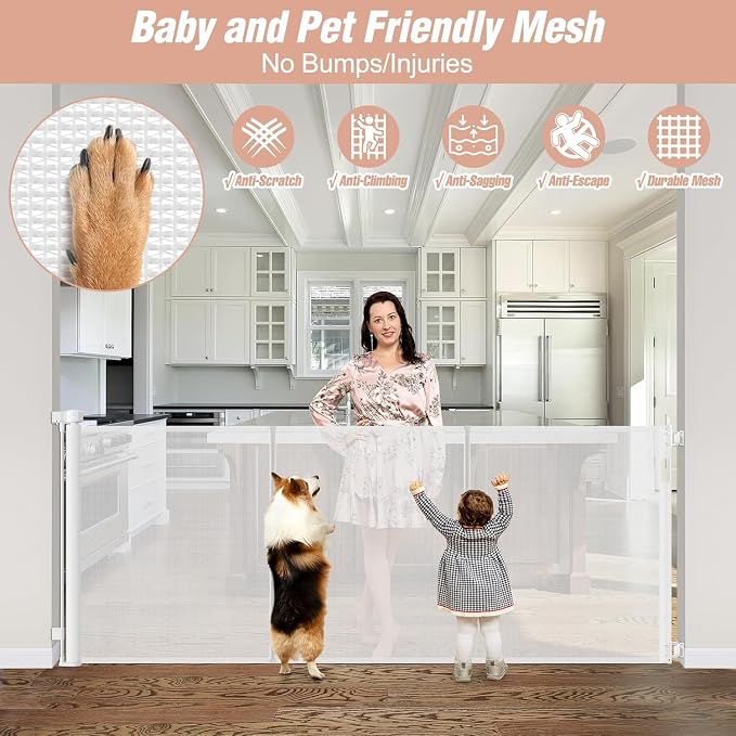 Reinforced 42" Extra Tall x 75" Wide Retractable Gate with Support Rods - Prevent Crawling Under Extra Tall Baby Gate Retractable Dog Gate Indoor Long Dog Gate Outdoor Retractable Pet Gate, White | Tall Retractable Baby Gate Prevents Crawling Under, Sp...