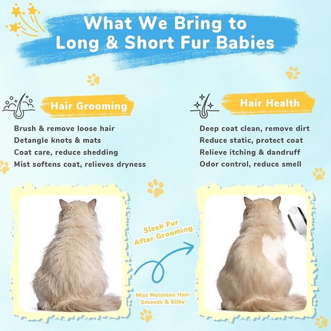 10Pcs Mist Spray Brush Kit for Cats & Dogs, Hair Health & Grooming Set | 100ml Waterless Shampoo, Cat Scratcher w/ Catnip, Nail Clippers, Toothbrush, Comb, Eye Ear Paw Dry Wipes & Gloves, Gift-Set