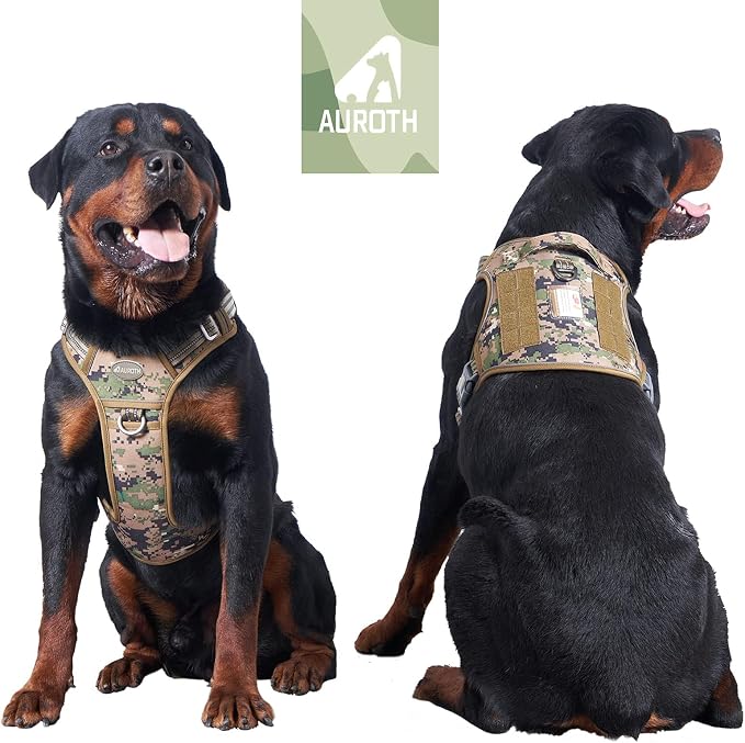 AUROTH Tactical Dog Harness for Large Dogs No Pull Adjustable Reflective K9 Working Training Easy Control Pet Vest Military Service Harnesses Woodland Camo L