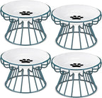 Roshtia 4 Sets Elevated Cat Bowls Ceramic Raised Cat Food Bowls with Metal Stand Dishwasher Safe Dishes Non Slip Elevated Food Plate(Green,Paw)