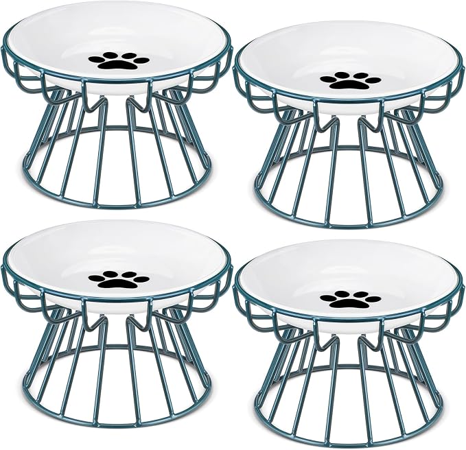 Roshtia 4 Sets Elevated Cat Bowls Ceramic Raised Cat Food Bowls with Metal Stand Dishwasher Safe Dishes Non Slip Elevated Food Plate(Green,Paw)