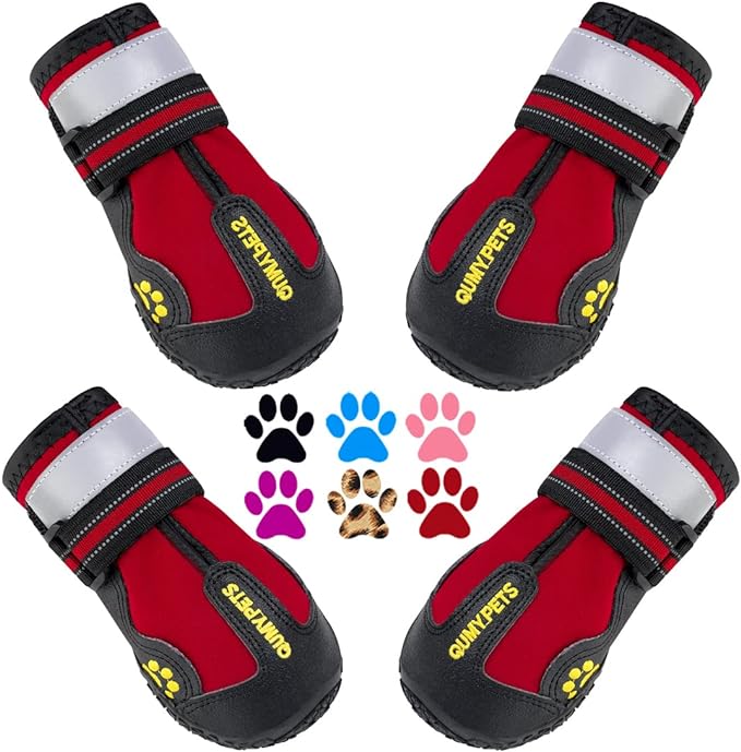 QUMY Dog Shoes for Hot Pavement, Dog Snow Boots & Paw Protectors for Winter | Dog Booties Medium Large Size Dogs, Water-resistant in the Rain, Outdoor Walking, Indoor Hardfloors Skid-resistant Sole Red