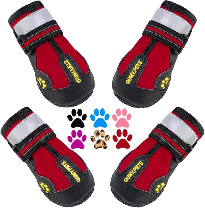 QUMY Dog Shoes for Hot Pavement, Dog Snow Boots & Paw Protectors for Winter | Dog Booties Medium Large Size Dogs, Water-resistant in the Rain, Outdoor Walking, Indoor Hardfloors Skid-resistant Sole Red