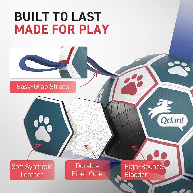 QDAN Large Dog Toys, 8 Inch Durable Balls for Dogs, Soccer Ball with Straps | Outdoor Herding Balls for 30-90 lbs Aggressive Chewers, Interactive Soccer Toy for Tug of War, Dog Ball to Keep Them Busy