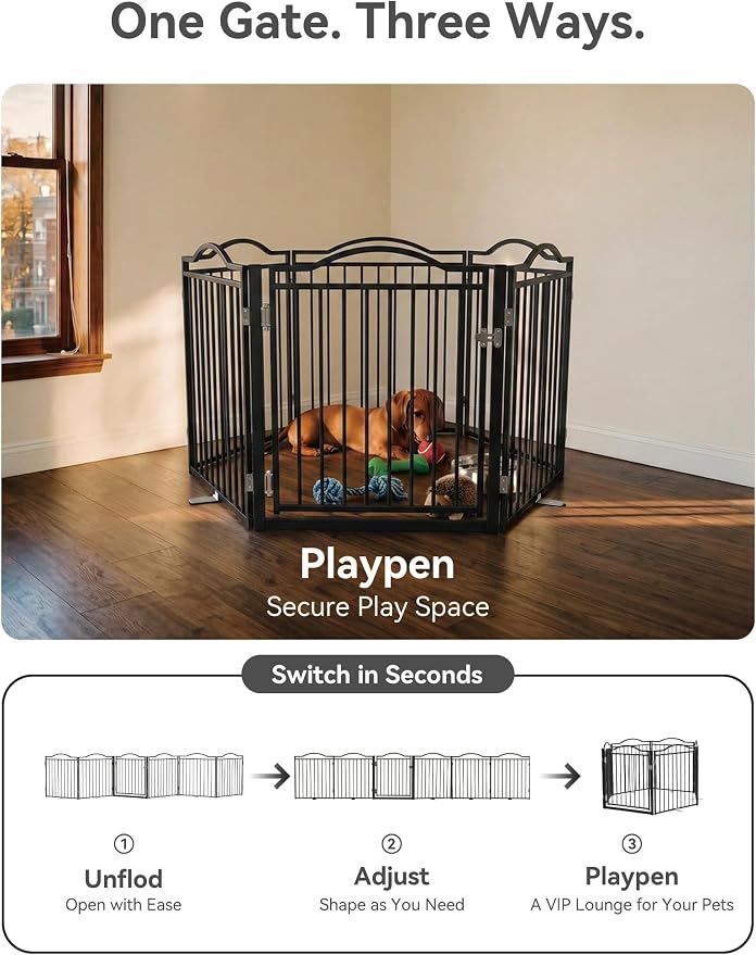 No Pawblems Full Metal Free Standing Dog Gate with Door, 30'' Tall Foldable Freestanding Pet Gate for Indoor & Outdoor, Up to 156 Inch Extra Wide Dog Fence for Doorways, Stairs, Deck, Yard - Black