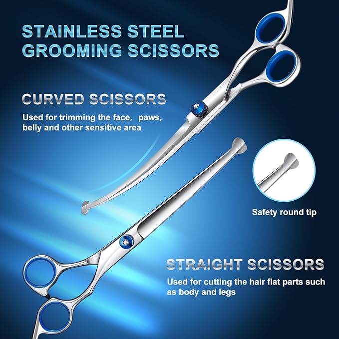 8-in-1 Cat Dog Grooming Scissors Set | with Comb, Nail Clipper, Brush