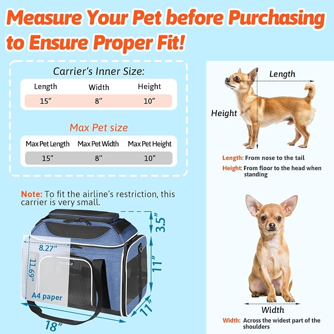 Petskd Top-Expandable Small Pet Carrier 18"x11"x11" Airline Approved | for Delta/American/United Airlines, Lockable Safety Zippers and Anti-Scratch Mesh, Soft-Sided, Pets Under 10 Lbs, Blue