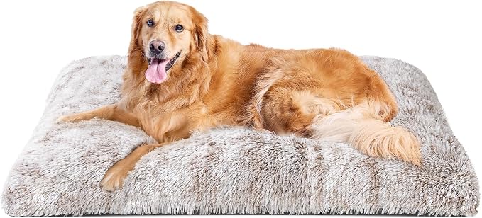 EHEYCIGA Fluffy Dog Crate Bed for Extra Large Dogs, Plush Faux Fur Pet Crate Pad, Calming Anti Anxiety XL Dog Bed, Washable Soft Warm Mat with Non-Slip Bottom, Brown
