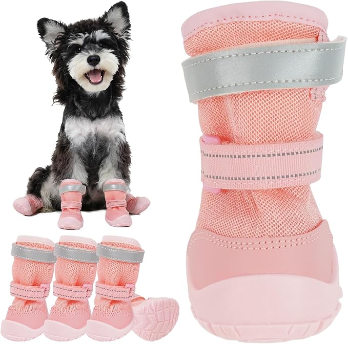Breathable Mesh Boots for Dogs, Reflective Summer Puppy Booties, Adjustable, Anti Slip Paw Protectors for Hot Asphalt Sidewalk Walking, Pink, Size 1