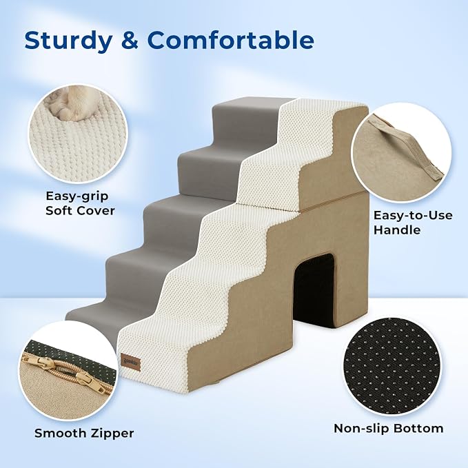 ZOMISIA Dog Stairs for High Beds with Tunnel, 29" H 6 Steps for Large Dog | Tunnel 2 in 1 with Zippers, Suitable for Short-Legged Dogs Get on Bed, Non-Slip Durable Dog Steps with High-Density Foam