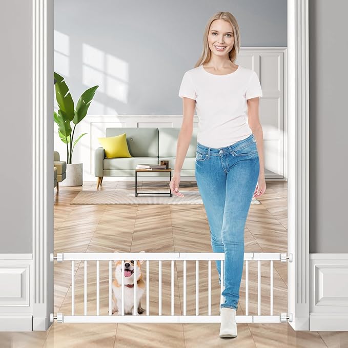 Fldofaves Dog Gate - 18"-45" Adjustable Extra Wide Metal Baby Gate to Step Over, 10" Tall Small Pet Gate with 3 Extension Kits, Pressure Mounted for Doorways & Stairs
