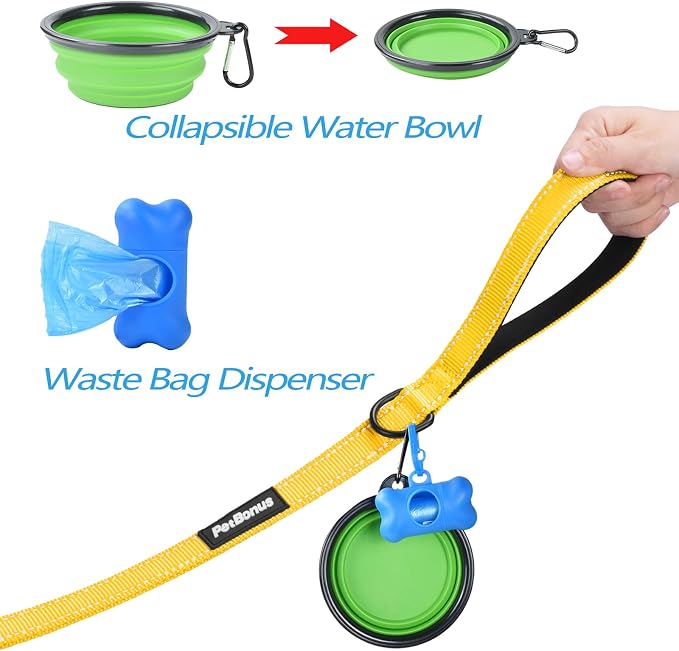 PetBonus Double Dog Leash, No Tangle Dual Leash, Walking Training Lead | 4 Comfortable Padded Handles, Adjustable, Reflective, For Two Large Medium Dogs, Collapsible Bowl and Waste Bags, Yellow