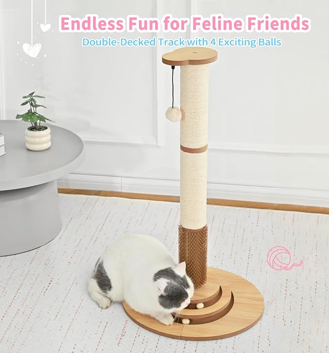 Made4Pets Tall Cat Scratching Post for Indoor Cats with Self Groomer, 33.6" | Tall Natural Sisal Scratching Post, Cat Scratcher with Stable Base and Interactive Ball Track for Adult and Large Indoor Cats