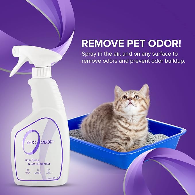 Zero Odor Litter Box Odor Eliminator Spray, Cat Litter Deodorizer, 16 oz | Cat Litter Box Deodorizer Spray, Molecular Technology - Safe for All Litter, Carpets & Rugs