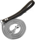 Heavy Duty Stainless Steel Dog Chain Leash, 3FT/4FT/5FT Cuban Link Metal Dog Leashes, for Large Medium Small Dogs, with Genuine Leather Handle (Silver, 3FT)
