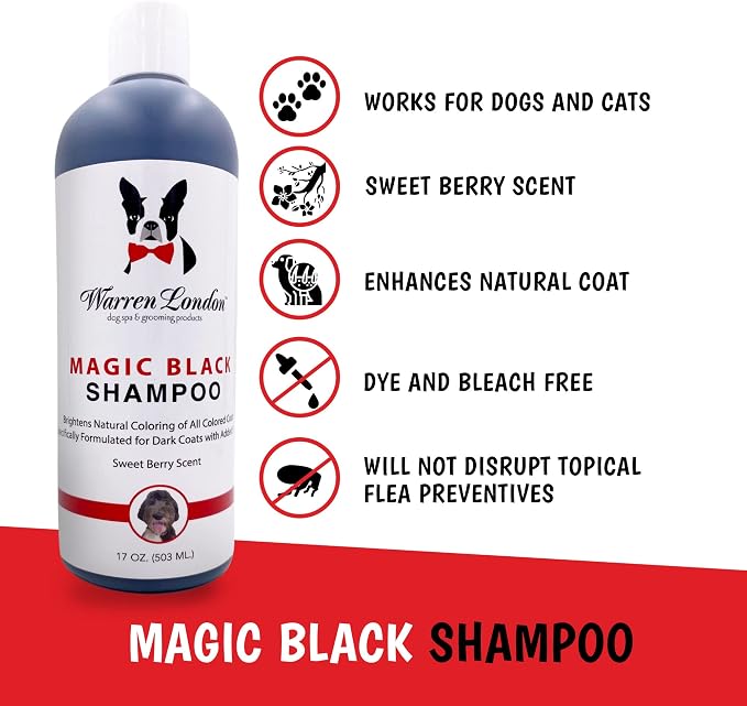 Warren London Magic Black Dog Shampoo | Brightens Any Dog Coat | Formulated for Darker Dog Coats | Puppy and Cat Safe Grooming Supplies | Berry Scent 128 Ounce, Made in USA