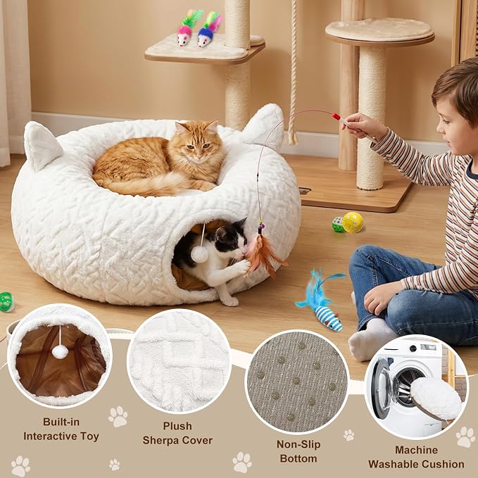 OurWarm Cat Tunnel Bed for Indoor Cats, Soft Plush Cat Donut Tunnel with 11 Pcs Interactive Toys & Washable Mat, Round Peekaboo Pet Cave Play Tunnel Under Christmas Tree for Kitten Rabbit
