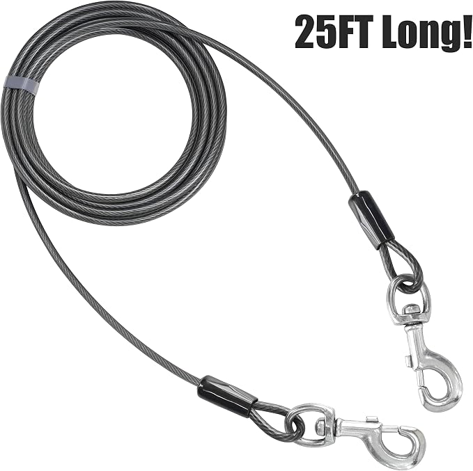 BV Dog Tie Out Cable 25 Feet - Heavy Duty Dog Lead Up to 250 Pounds - Reflective & Rust-Free with Quick Release Swivel Clips & 360° Rotating Clasp - Tangle-Free Dogs Runner for Yard (Grey, Single)