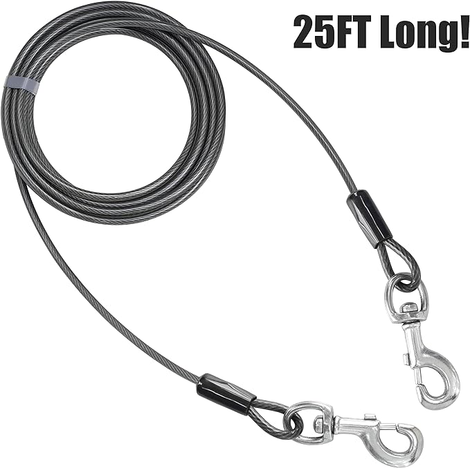 BV Dog Tie Out Cable 25 Feet - Heavy Duty Dog Lead Up to 250 Pounds - Reflective & Rust-Free with Quick Release Swivel Clips & 360° Rotating Clasp - Tangle-Free Dogs Runner for Yard (Grey, Pair)