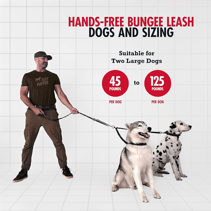 Tuff Pupper Heavy Duty Hands Free Bungee Dog Leash | Two Large Dogs Up to 250 lbs | Comfortable Shock Absorbing Bungee | Reflective Dual Padded Handles | Lumbar Waist Belt 28-50" | 360° Swivel Clips