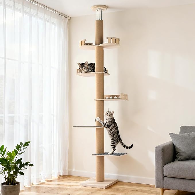 Veehoo Floor to Ceiling Cat Tree, 61-113" Adjustable Tall Tension Cat Tower | 4.5" Sturdy Thickened Scratching Posts, Space-Saving, 6 Tier Climbing Pole, No Drilling, Corner Tree for Indoor Cat, Wood