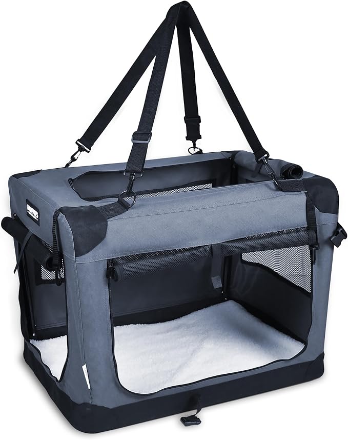 JESPET Soft Dog Crates Kennel for Pets, 3 Door Soft Sided Folding Travel Pet Carrier with Straps and Fleece Mat for Dogs, Cats, Shale Green, 36'' (2-Grey, X-Large(36" L x 24" W x 27" H))