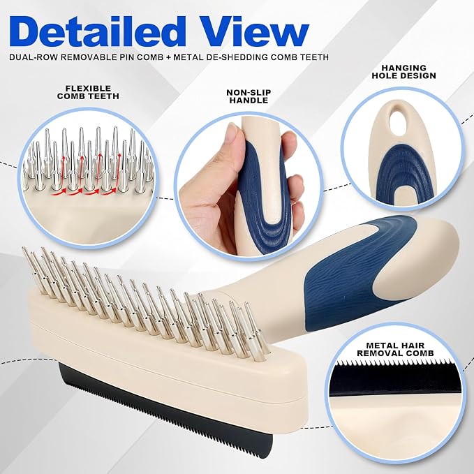 2-in-1 Pet Deshedding&Undercoat Rake Comb for Dogs and Cats | Double-Row Movable Metal Comb Teeth,Stainless Steel Deshedding Dog Brush,Pet Grooming Dematting Tool,Gentle Remove Loose Hair