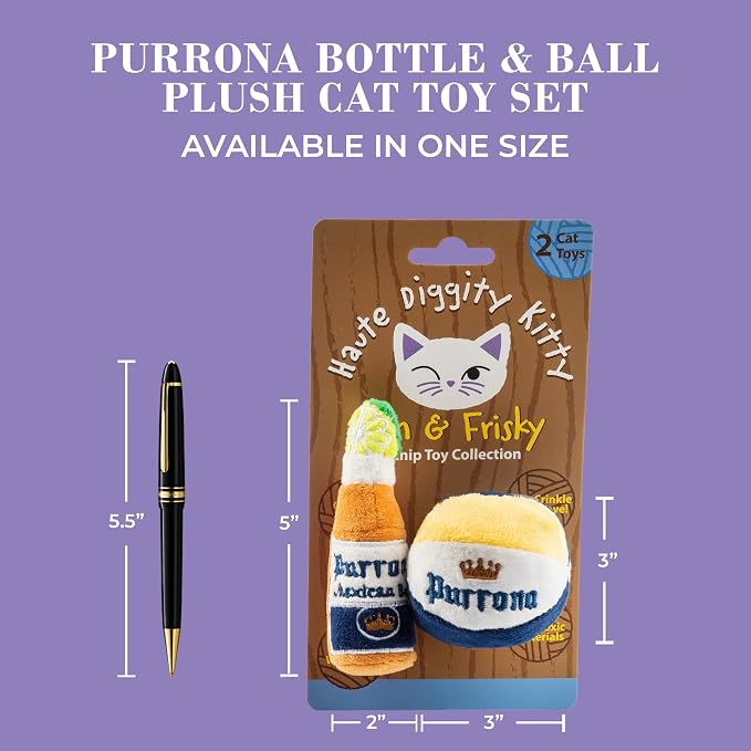 Haute Diggity Kitty Purrrona Beer Bottle + Ball Set, Soft Plush Cat Toys | 2 Pack Catnip Toys with Interactive Crackle Sound, Safe & Durable Cat Nip Kicker Toy for Outdoor & Indoor Cats & Kitten