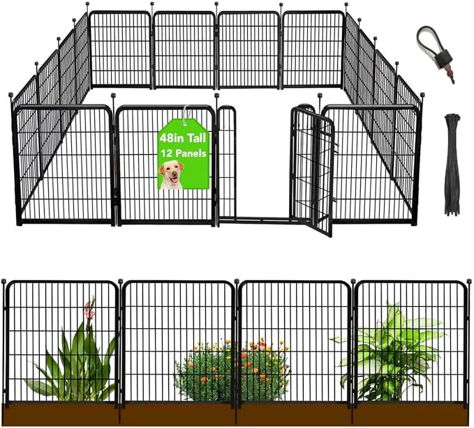 Getlay Tall Garden Fence with Gate 48 in(H)×27 in(L) 12 Panels Total 26.6 Ft(L), Garden Fencing to Keep Dogs Out, Heavy Duty Iron Metal Animal Barrier Fence, Flower Bed Fencing