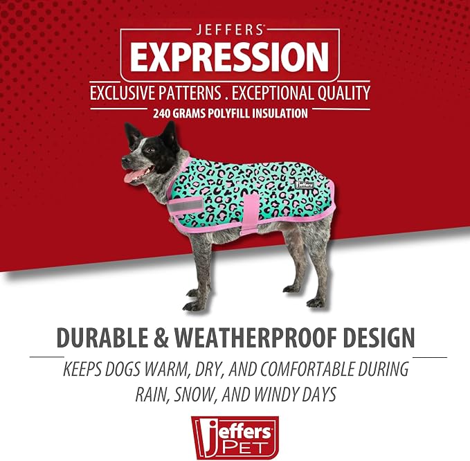 Jeffers Expression Dog Coat Waterproof Ripstop Winter Jacket 30" – 240g Insulated Blanket, Adjustable Belly & Chest Straps, Reflective Strips, Small to Large Breeds, Outdoor & Travel - Party Cheetah