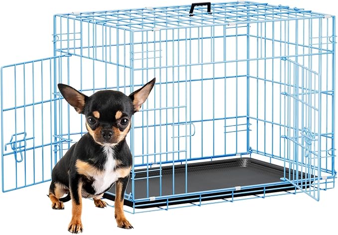 FDW 24inch Dog Crate Pet Cage with Metal Folding Design Plastic Tray Indoor Outdoor Dog Kennel Cage for Small Dogs,Blue