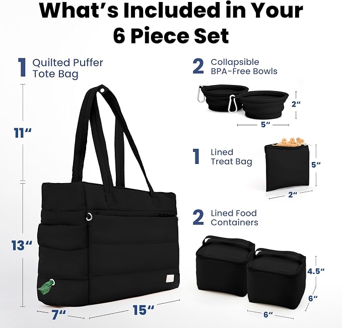Rubyloo Puffer Dog Travel Bag for Dog Moms, Diaper Bag with Travel Bowls | 2 BPA-Free Collapsible Bowls, 2 Pet Food Containers, 9 Pockets, Everyday Puffer Bag Works With or Without Your Dog, Black