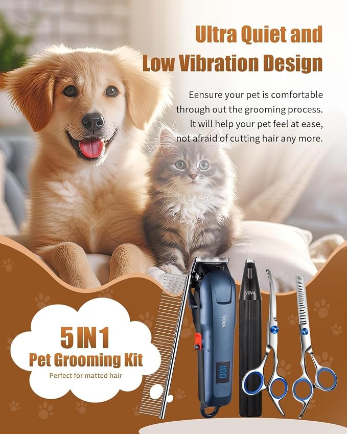5-in-1 Low Noise Rechargeable Cordless Dog Clippers Pet Grooming Kit for Dogs & Cats|Quiet high Power pet Grooming Set for Small Large Dogs & Thick Coated Cats, Includes Comb, Clippers & Nail Clipper