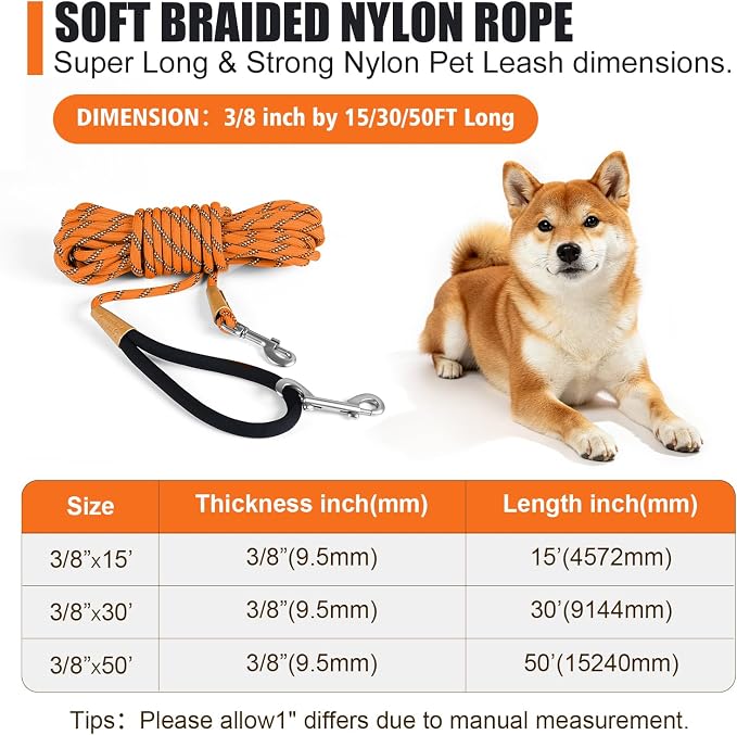 lynxking Long Dog Leash Reflective 15FT 30FT 50FT Check Cord Dog Training Leash Padded Handle Heavy Duty Puppy Rope for Small Medium Large Dog