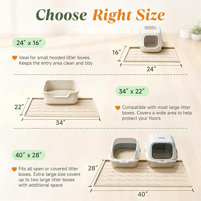 Songrey Silicone Cat Litter Mat 24" x 16", Large Litter Trapping Mat, Beige | Waterproof, Urine-Proof Litter Box Mat for Floor, Soft on Kitty Paws, Easy To Clean, Cat Supplies, Pet Feeding Mat