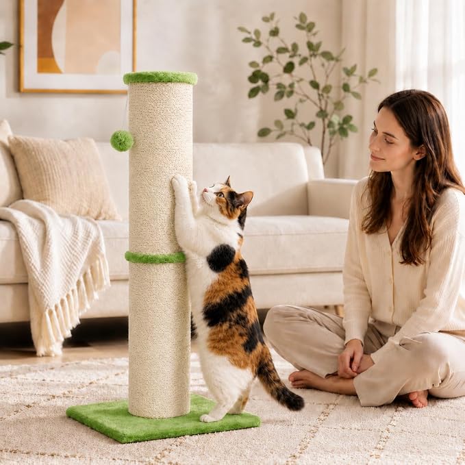 PAWSCRAT 32-Inch Tall Cat Scratching Post, 5.5-Inch Diameter, Sisal, Green | Natural Sisal Scratching Surface with a Dangling Ball for Indoor Cats, Scratch-Resistant Durable and Protect Your Furniture